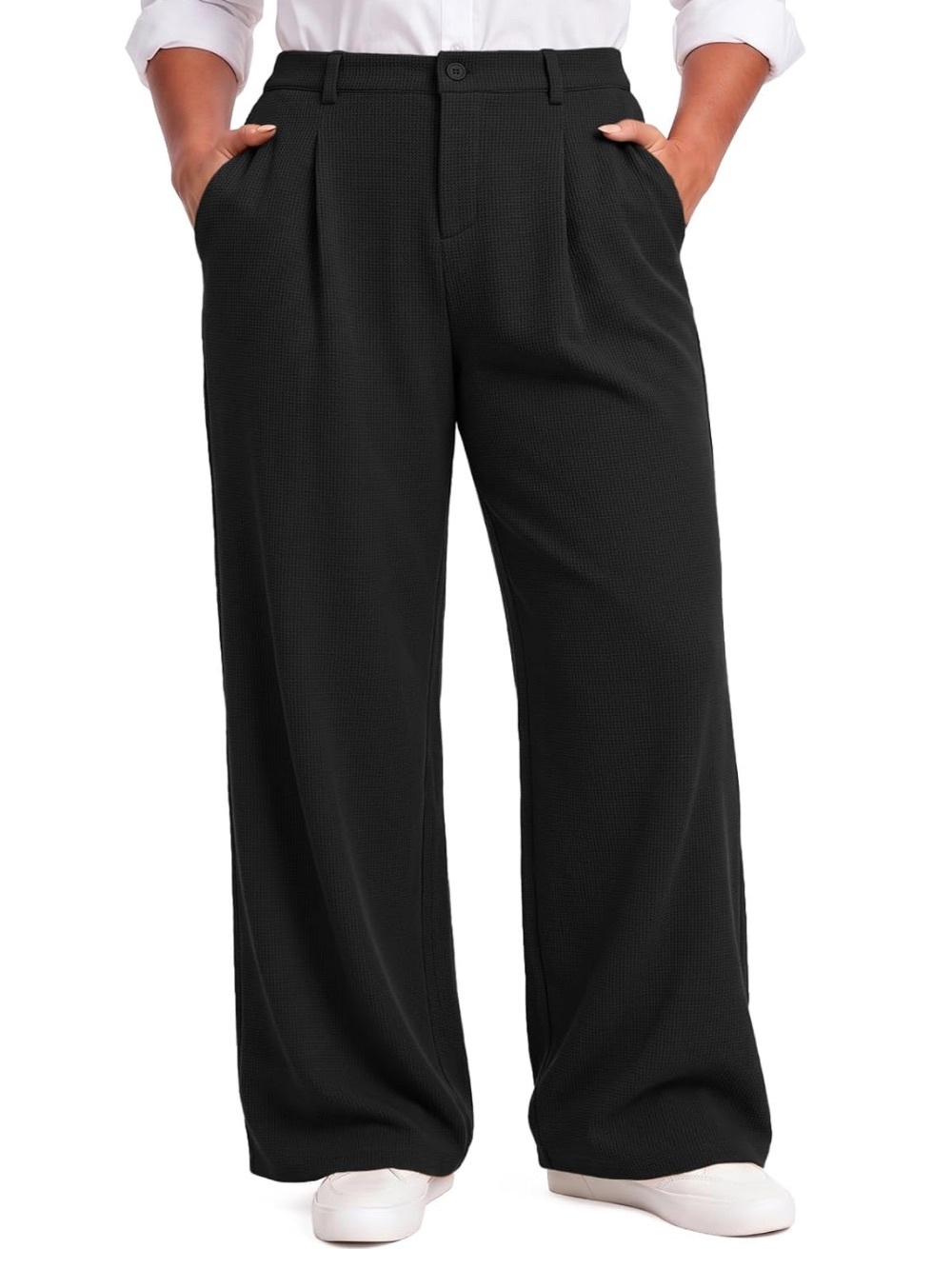 Feiersi Black Waffle Knit Wide Leg Dress Pants Stretchy Business Large
